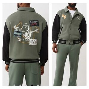 NWT True Religion Sage Collared Patch Fleece Varsity Jacket Size Medium